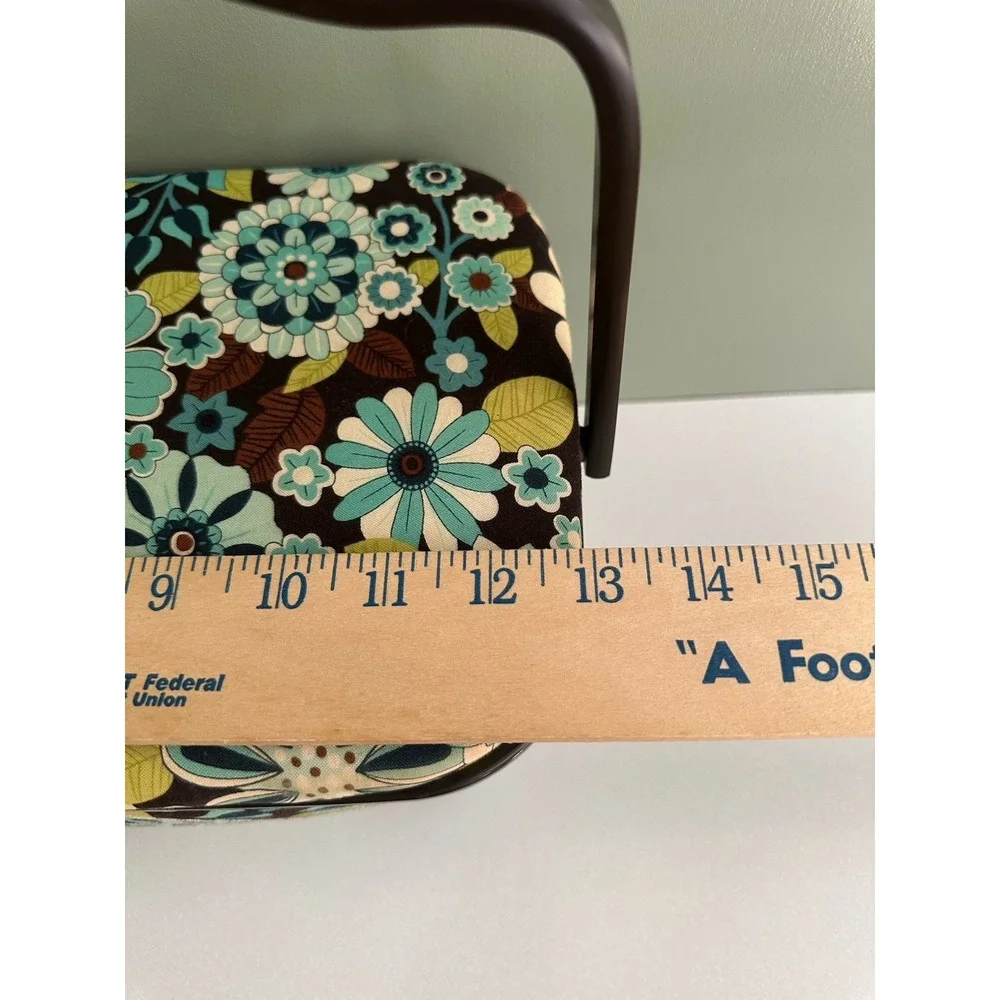 Vintage Dritz Sewing Box Basket Blue & Brown Floral Fabric With Tray Latch Retro
